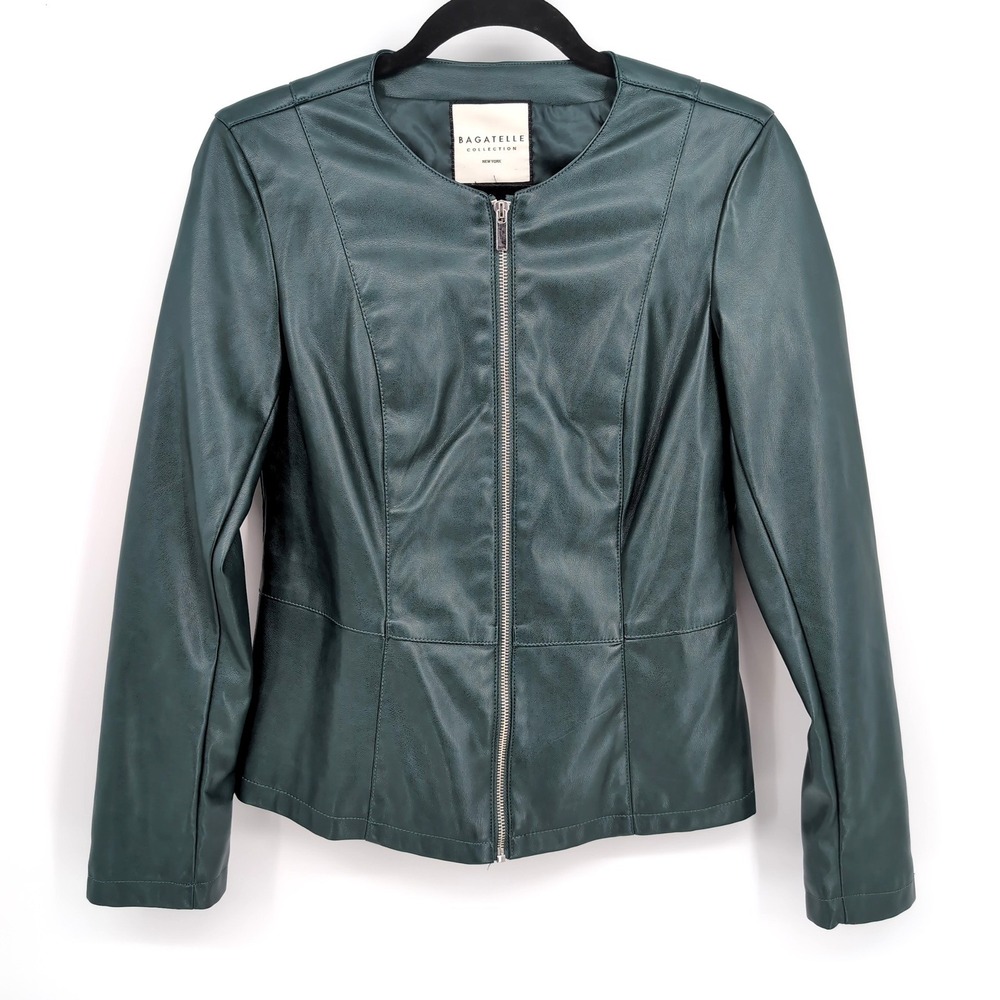 Bagatelle Collection Faux Leather Jacket Green Zip Up Collarless Womens Size S